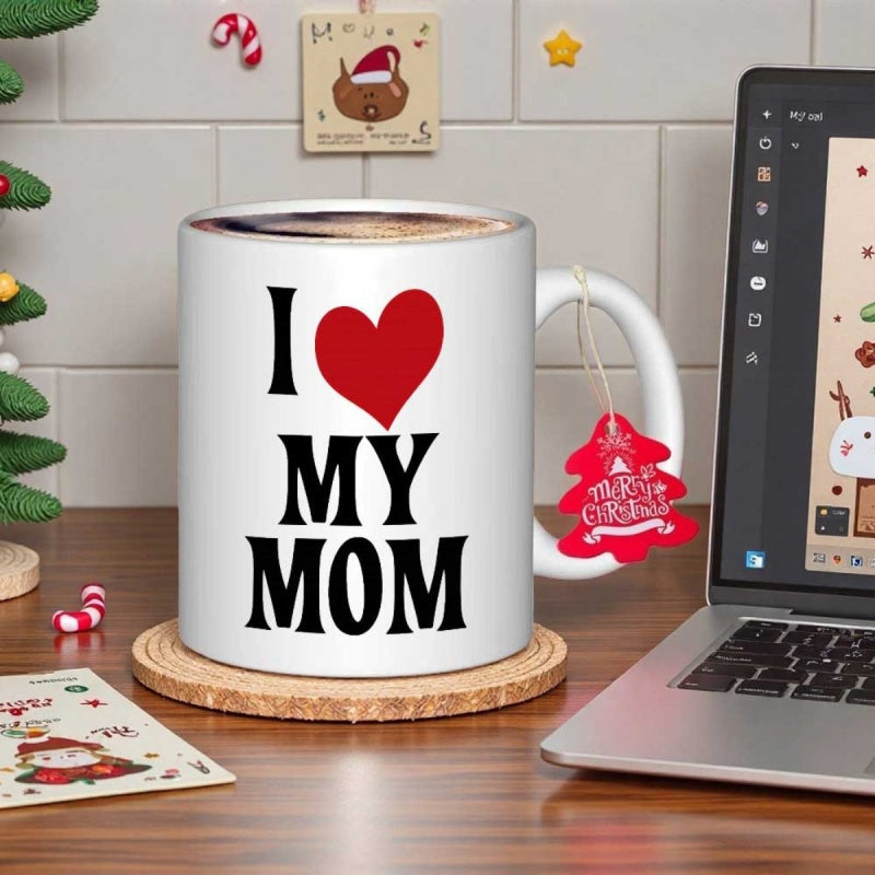 Tailorly White Ceramic 11 oz Mug - I My Mom Classic Vibrant Red Heart Symbol Centered Within Elegant Bold Serif Typography Heart