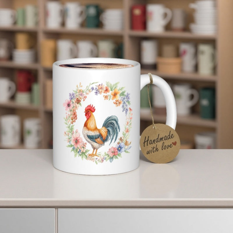 Tailorly White Ceramic 11 oz Mug - Handmade With Love Vibrant Watercolor Bird Standing Inside A Decorative Spring Floral Wreath Rooster