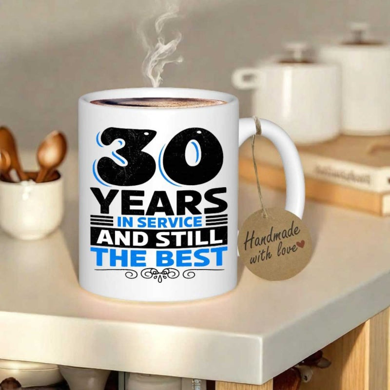 Tailorly White Ceramic 11 oz Mug - 30 Years In Service And Still The Best Bold Stylized Typography With Decorative Scrollwork Accents And Vibrant Blue Highlights