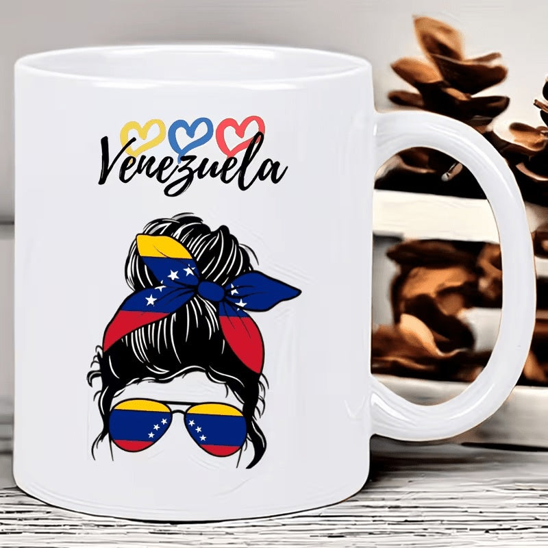 Tailorly White Ceramic 11 oz Mug - Venezuela Messy Bun Silhouette Featuring National Flag Bandana And Patriotic Aviator Sunglasses Woman