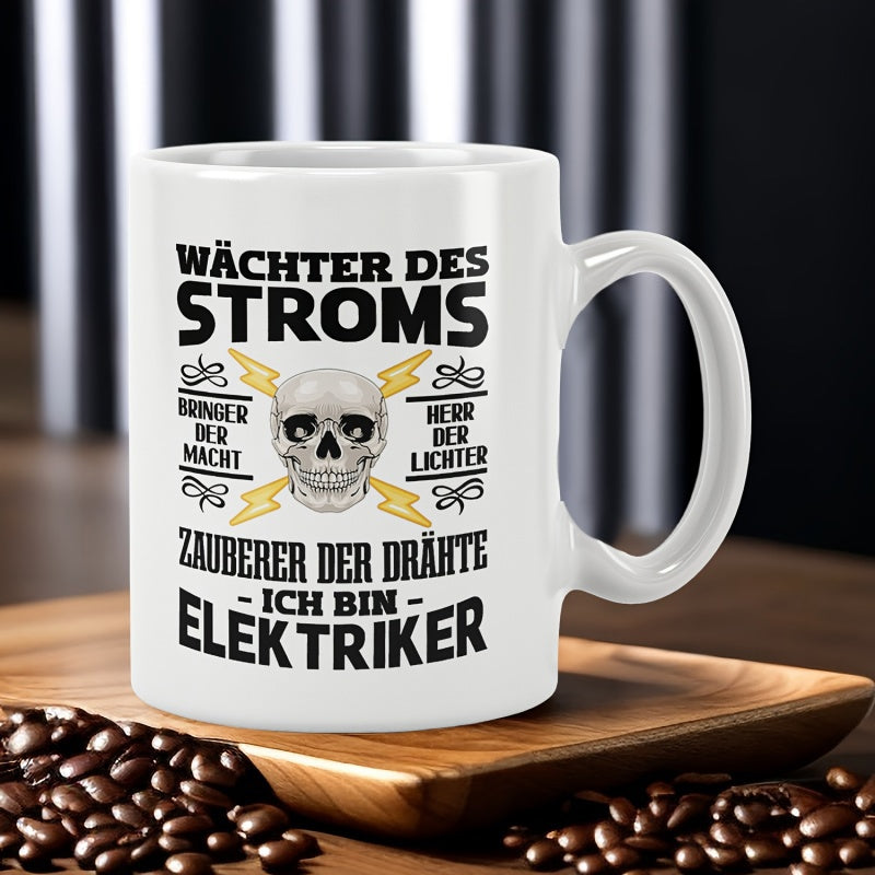 Tailorly White Ceramic 11 oz Mug - Intricate Human Skull With Yellow Lightning Bolts Behind Centered Decorative Frame Skull