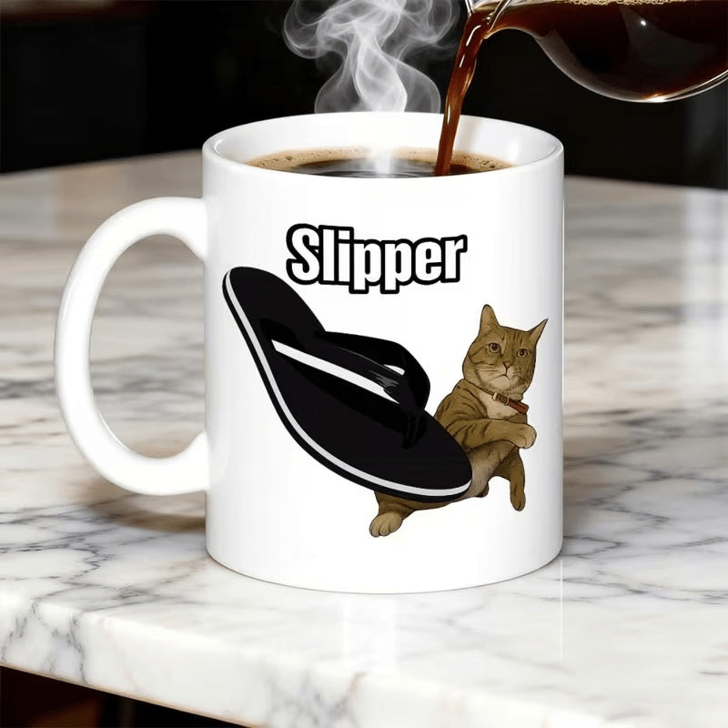 Tailorly White Ceramic 11 oz Mug - Slipper Funny Ginger Cat Resting Under A Large Black Rubber Summer Flip Flop Cat
