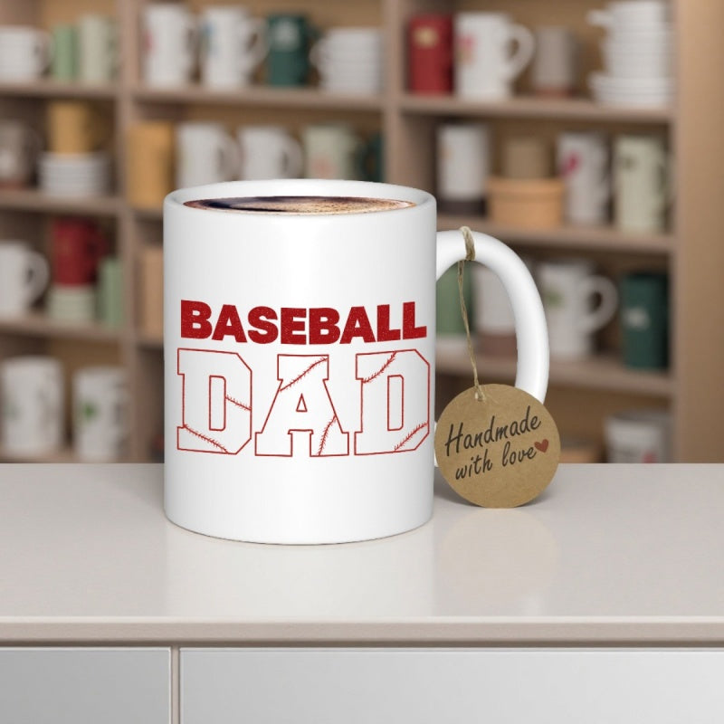 Tailorly White Ceramic 11 oz Mug - Baseball Dad Bold Red Collegiate Font With Subtle Baseball Stitching Details