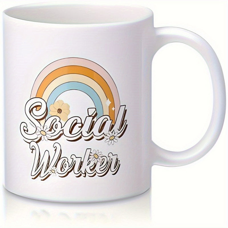 Tailorly White Ceramic 11 oz Mug - Social Worker Muted Color Boho Rainbow Among Delicate Daisies And Retro Tones Mug
