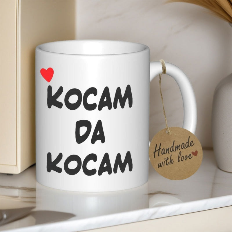 Tailorly White Ceramic 11 oz Mug - Handmade With Love Small Red Heart Floating Above Bold Playful Handwritten Design Ceramic Mug