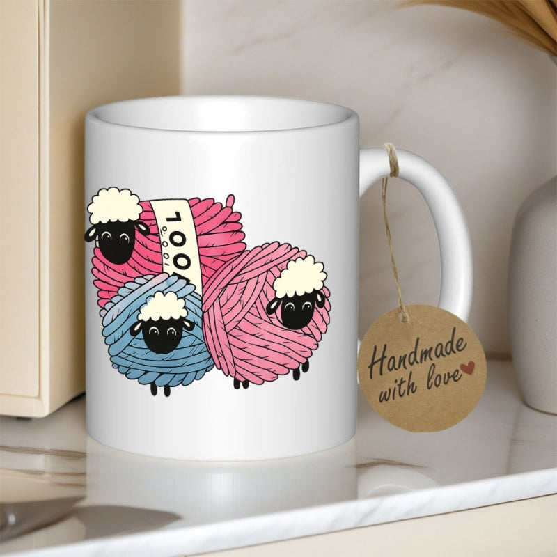 Tailorly White Ceramic 11 oz Mug - Wool Three Colorful Balls Of Yarn Shaped Like Tiny Smiling Cute Fluffy Sheep