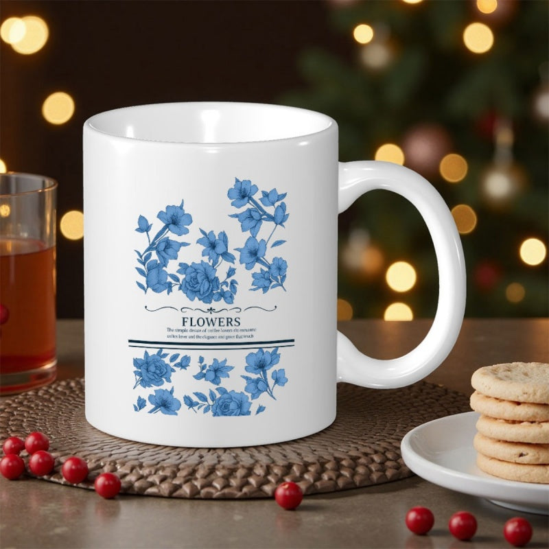 Tailorly White Ceramic 11 oz Mug - Flowers Elegant Blue Botanical Petals Blooming Among Delicate Vintage Style Leaves Flower