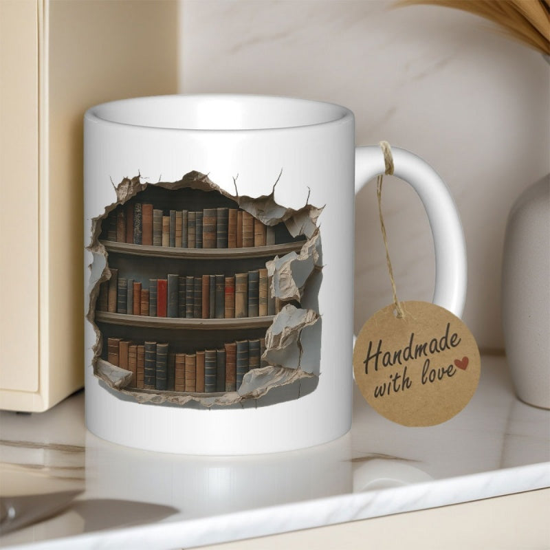 Tailorly White Ceramic 11 oz Mug - Realistic Cracked Wall Effect Revealing Ancient Wooden Shelves Full Of Classic Books Library