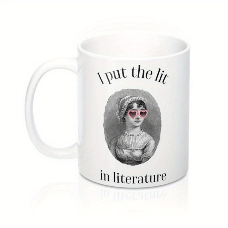 Tailorly White Ceramic 11 oz Mug - I Put The Lit In Literature Classic Vintage Illustration Featuring Pink Heart Shaped Sunglasses Artistic Portrait