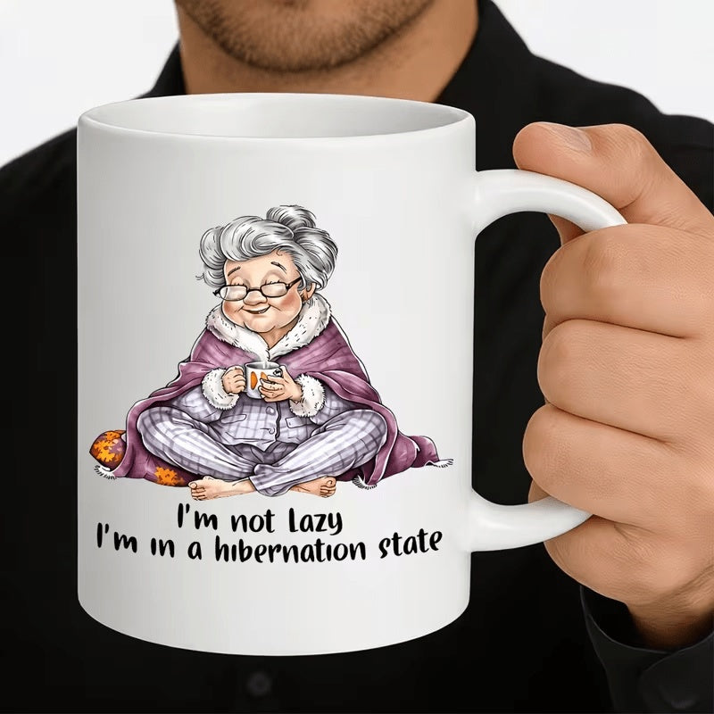 Tailorly White Ceramic 11 oz Mug - I'm Not Lazy I'm In A Hibernation State Cozy Elderly Woman Wrapped In Purple Blanket Holding A Steaming Cup Sitting Grandma