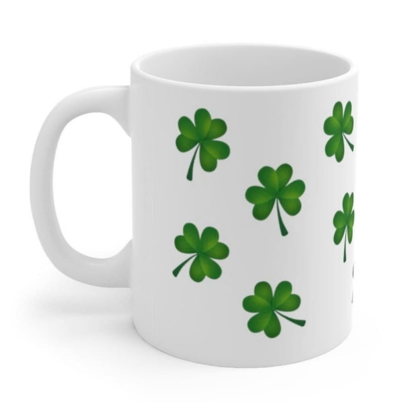 Tailorly White Ceramic 11 oz Mug - Vibrant Green Shamrocks Patterned Across A Smooth Polished Background Shamrock