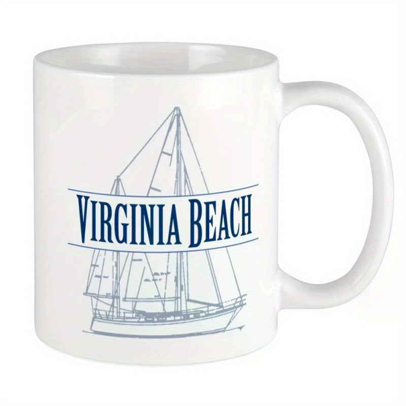 Tailorly White Ceramic 11 oz Mug - Virginia Beach Minimalist Blue Line Art Sketch Featuring A Classic Nautical Sailing Ship Sailboat