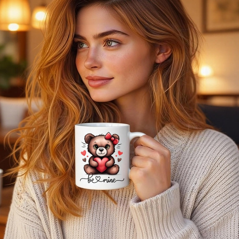 Tailorly White Ceramic 11 oz Mug - Be Nice Adorable Cuddly Brown Teddy Bear Holding A Red Heart Among Floating Hearts Bear