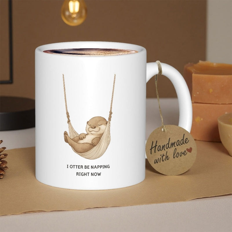 Tailorly White Ceramic 11 oz Mug - I Otter Be Napping Right Now Cute Little Brown Otter Sleeping In A Small Cozy Fabric Hammock Otter