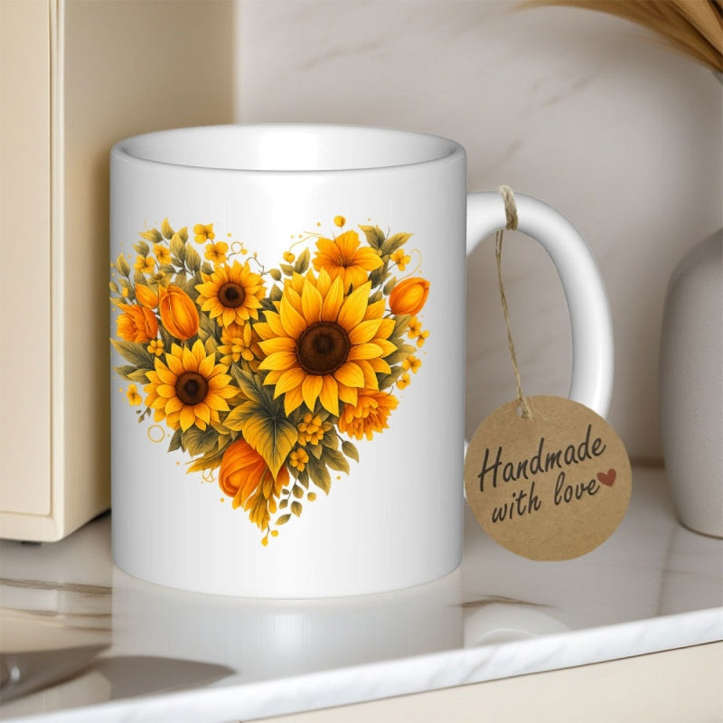 Tailorly White Ceramic 11 oz Mug - Handmade With Love Heart Shaped Arrangement Of Golden Blooming Petals And Sunflowers Sunflower