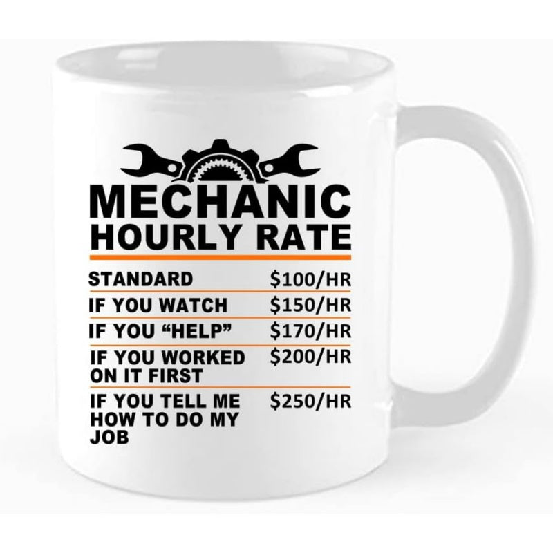 Tailorly White Ceramic 11 oz Mug - Mechanic Hourly Rate Symmetrical Industrial Workshop Tools Featuring A Large Central Gear And Professional Wrench Wrench