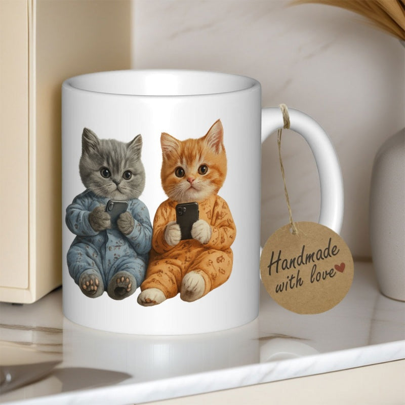 Tailorly White Ceramic 11 oz Mug - Two Adorable Kittens Wearing Cozy Pajamas Holding Tiny Mobile Phones Cat