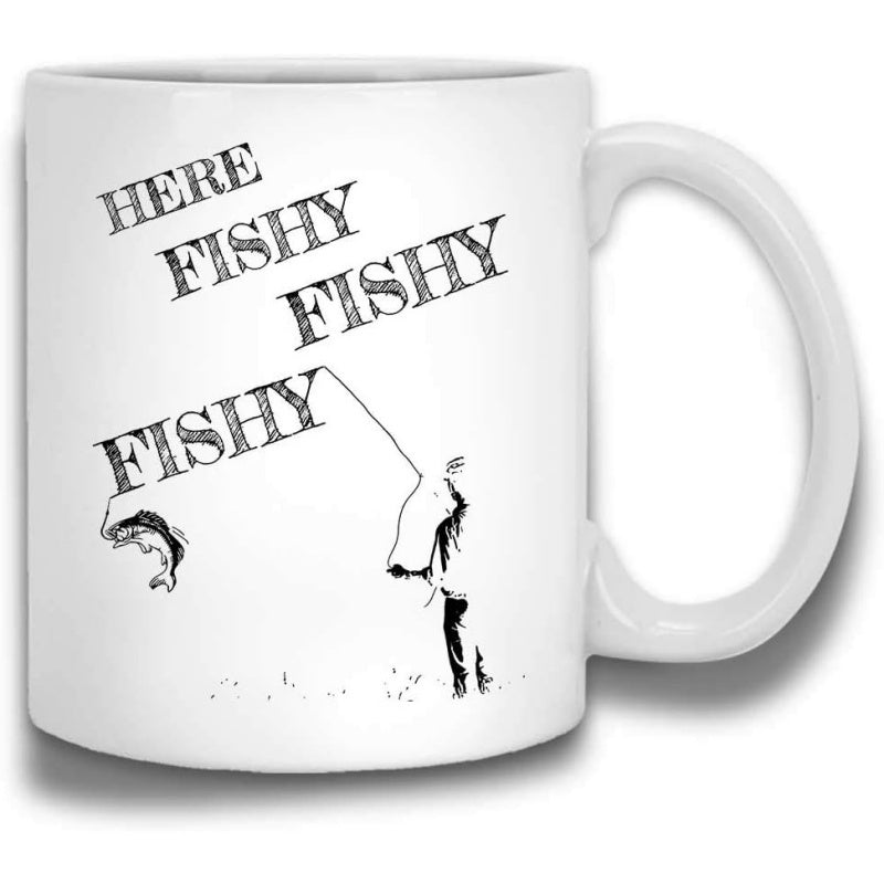 Tailorly White Ceramic 11 oz Mug - Here Fishy Fishy Fishy Silhouette Of A Patient Person Catching A Small Jumping Fish Fisherman