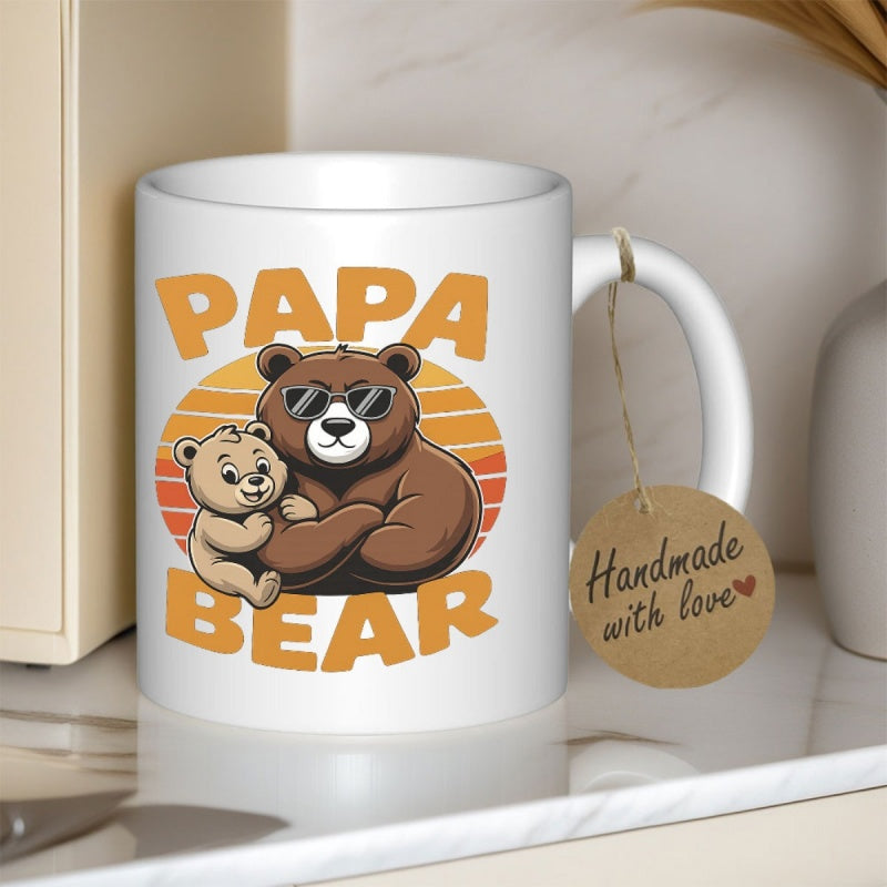Tailorly White Ceramic 11 oz Mug - Papa Bear Retro Sunset Backdrop Featuring Cool Father Bear With Sunglasses And Cub Bear