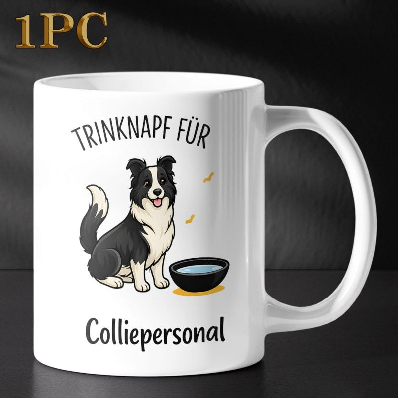 Tailorly White Ceramic 11 oz Mug - Adorable Sitting Border Collie Beside Blue Water Bowl With Wagging Tail Dog