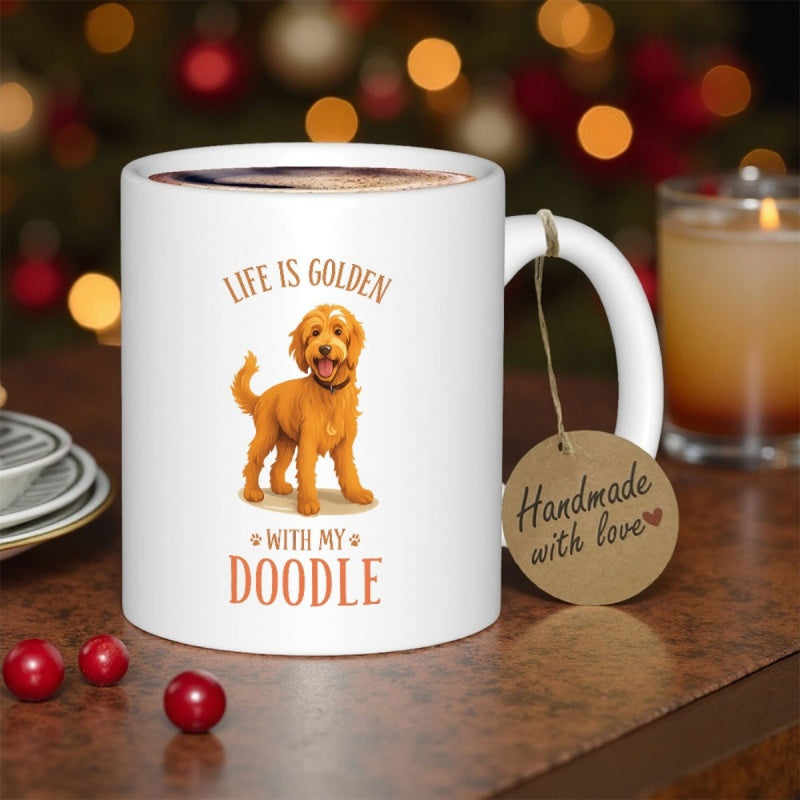 Tailorly White Ceramic 11 oz Mug - Life Is Golden With My Doodle Cute Golden Curly Haired Puppy Standing Among Festive Soft Bokeh Lights Dog