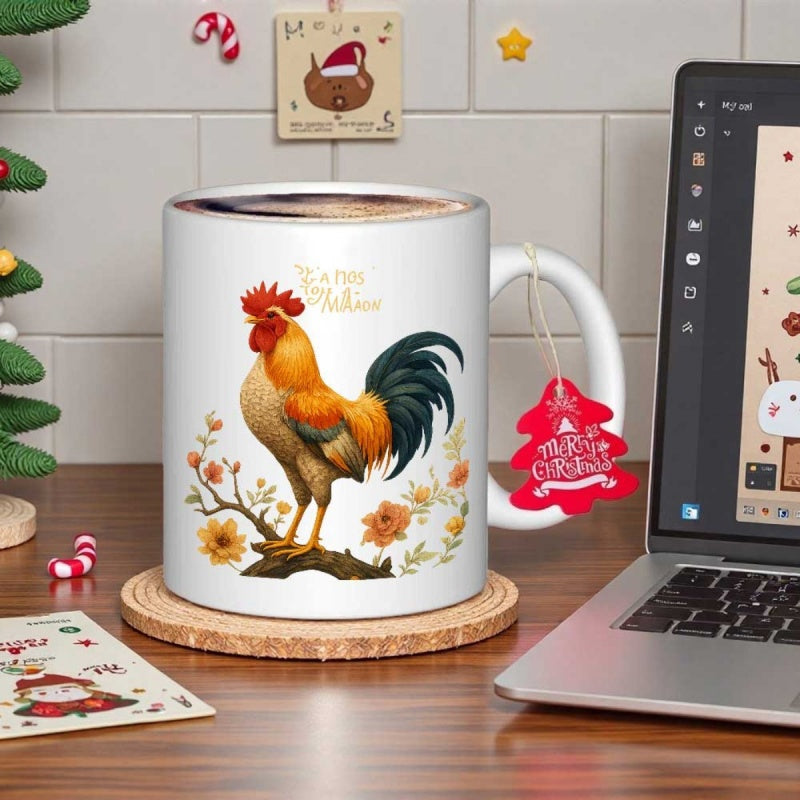 Tailorly White Ceramic 11 oz Mug - Rise And Shine Vibrant Colorful Bird Standing Among Blooming Flowers And Botanical Branches Rooster