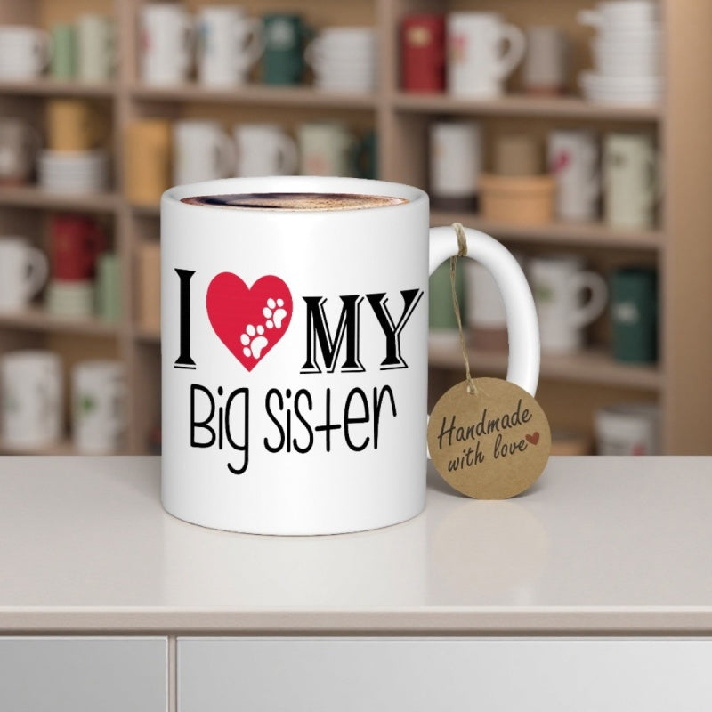Tailorly White Ceramic 11 oz Mug - I My Big Sister Bold Red Heart With Delicate White Paw Prints Floating In Center Mug