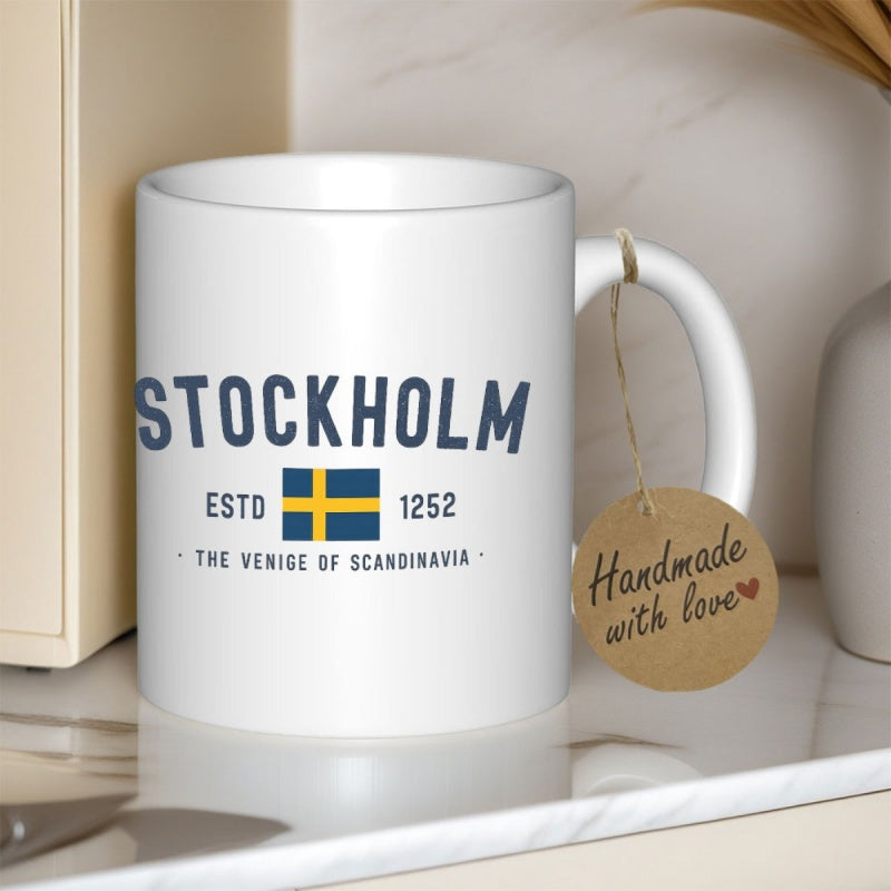 Tailorly White Ceramic 11 oz Mug - Stockholm Estd 1252 The Venice Of Scandinavia Minimalist Blue And Yellow Swedish Flag Emblem Centrally Positioned Design Sweden