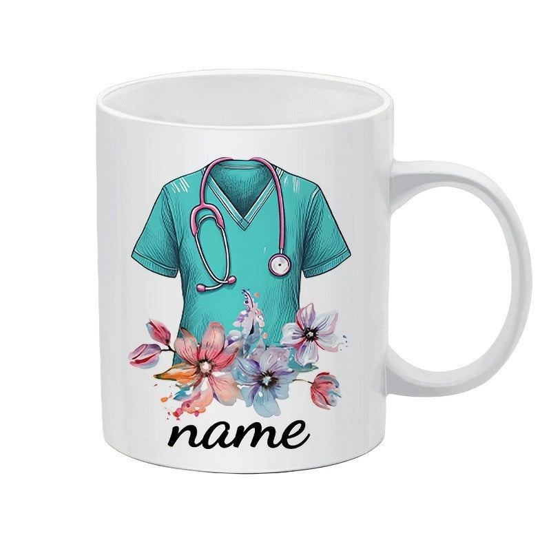 Tailorly White Ceramic 11 oz Mug - Name Teal Medical Uniform With Stethoscope And Elegant Watercolor Flowers Scrub