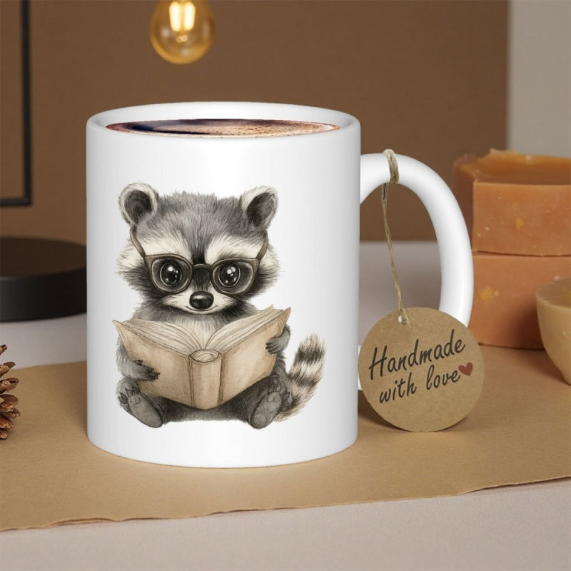 Tailorly White Ceramic 11 oz Mug - Hand Drawn Style Cute Intelligent Animal Wearing Glasses Reading A Book Raccoon