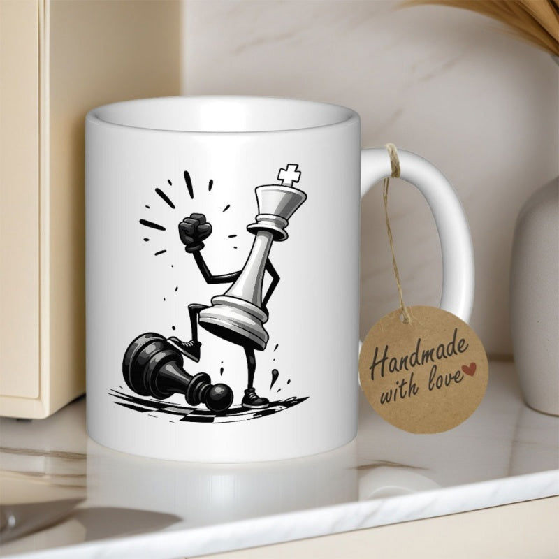 Tailorly White Ceramic 11 oz Mug - Victorious White King Piece Standing Over Fallen Black Pawn Chess