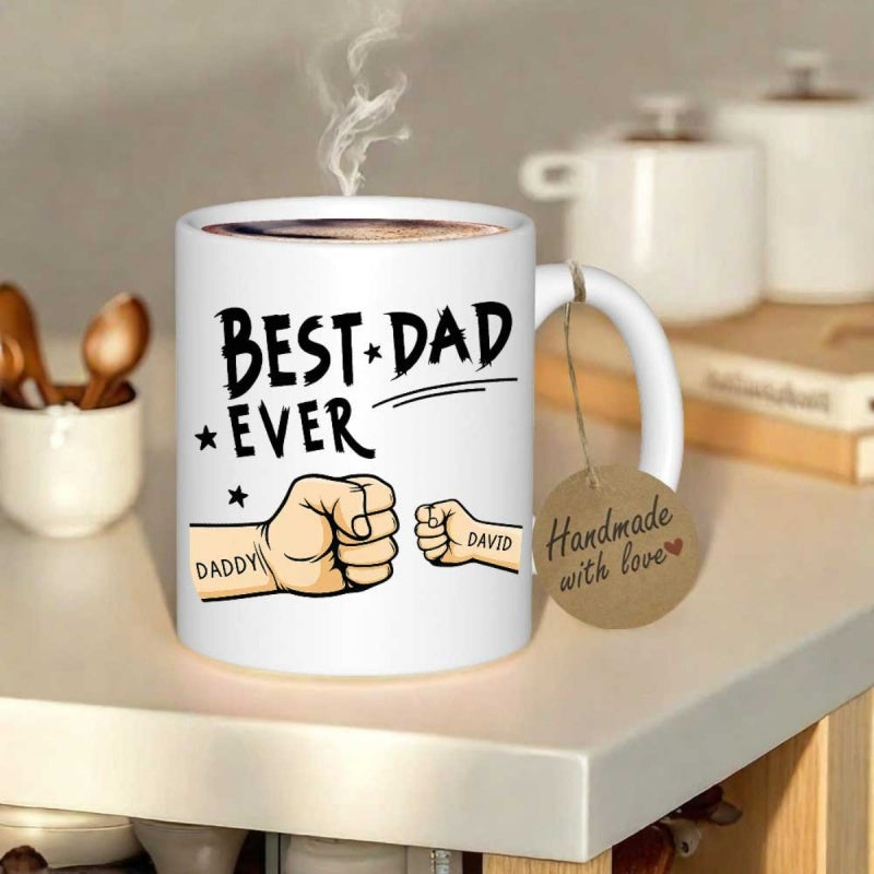 Tailorly White Ceramic 11 oz Mug - Best Dad Ever Daddy David Strong Adult Fist Bumping Small Child Fist Surrounded By Floating Stars Fist Bump