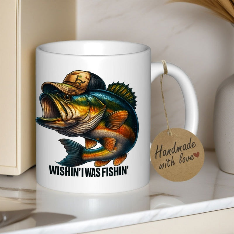 Tailorly White Ceramic 11 oz Mug - Wishin I Was Fishin Vibrant Colorful Jumping Largemouth Wearing A Camouflage Hat Bass
