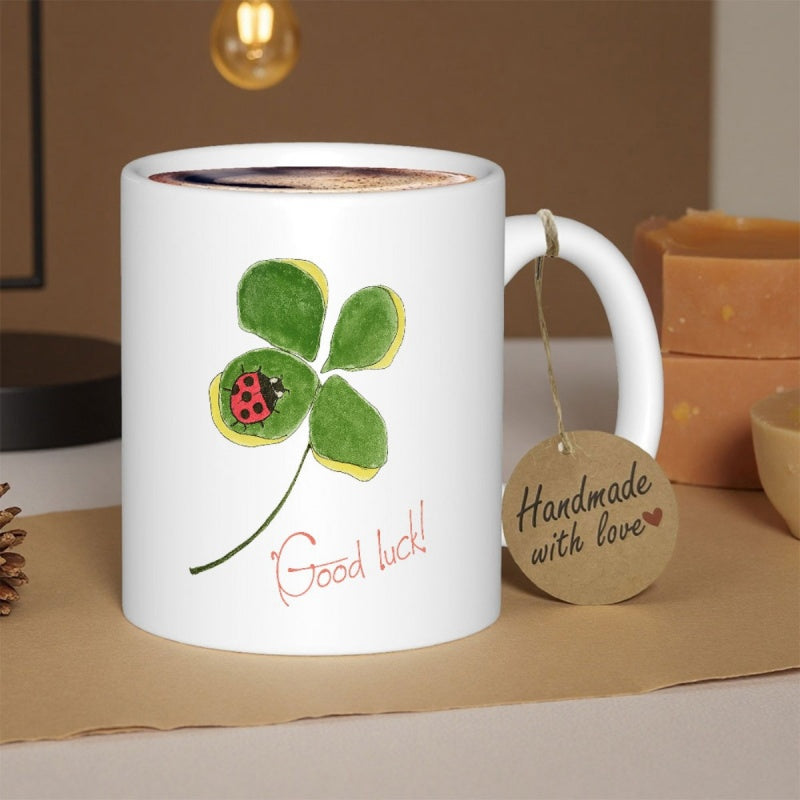 Tailorly White Ceramic 11 oz Mug - Good Luck Vibrant Green Watercolor Four Leaf With Small Red Spotted Ladybug Clover