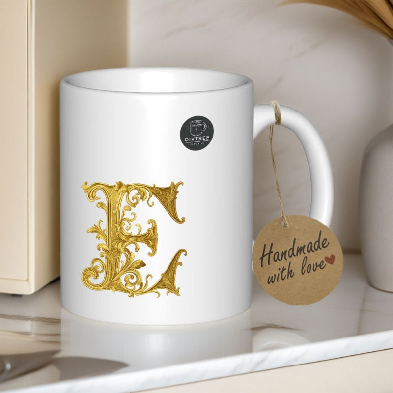 Tailorly White Ceramic 11 oz Mug - Handmade With Love Ornate Golden Baroque Filigree Style Lettering On A Plain