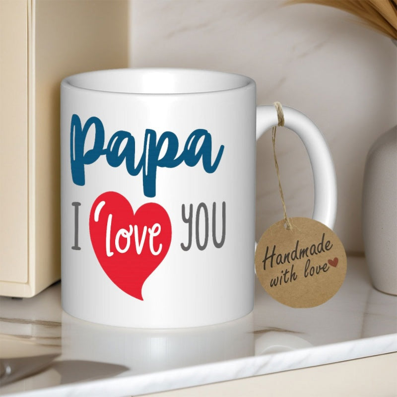 Tailorly White Ceramic 11 oz Mug - Papa I Love You Minimalist Design Featuring Vibrant Red Color And Elegant Blue Script Heart