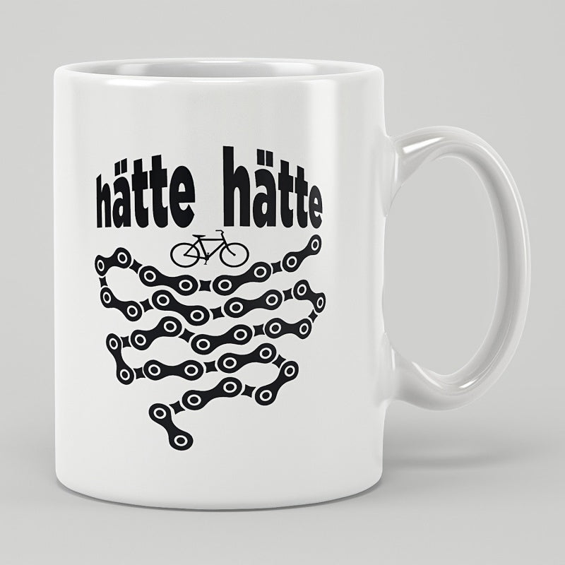 Tailorly White Ceramic 11 oz Mug - Intricate Long Metallic Chain Winding Below A Simple Minimalist Sporty Racing Bicycle