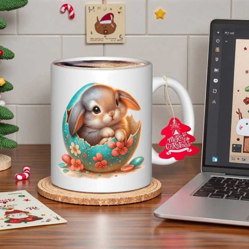 Tailorly White Ceramic 11 oz Mug - Adorable Tiny Bunny Sitting Inside Cracked Teal Floral Decorated Egg Rabbit