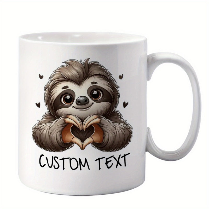 Tailorly White Ceramic 11 oz Mug - Custom Text Adorable Brown Sloth Making Heart Gesture Surrounded By Small Floating Black Hearts Sloth
