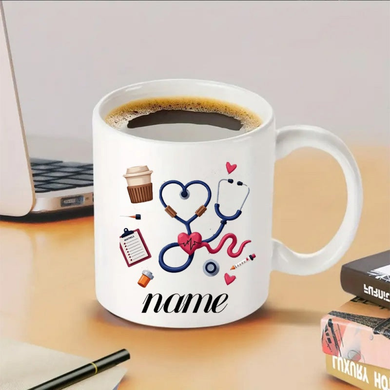 Tailorly White Ceramic 11 oz Mug - Name Heart Shaped Stethoscope With Medical Icons And Coffee In Artistic Layout Stethoscope