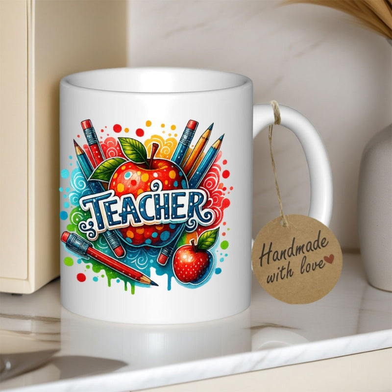 Tailorly White Ceramic 11 oz Mug - Teacher Colorful Pencils Surrounding A Large Red Spotted School Graphic Apple