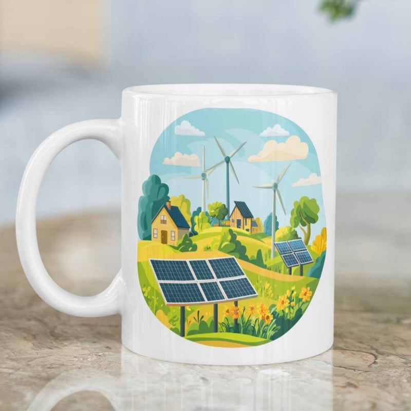 Tailorly White Ceramic 11 oz Mug - Sustainable Green Hills With Solar Panels And Wind Turbines Under Clouds Landscape