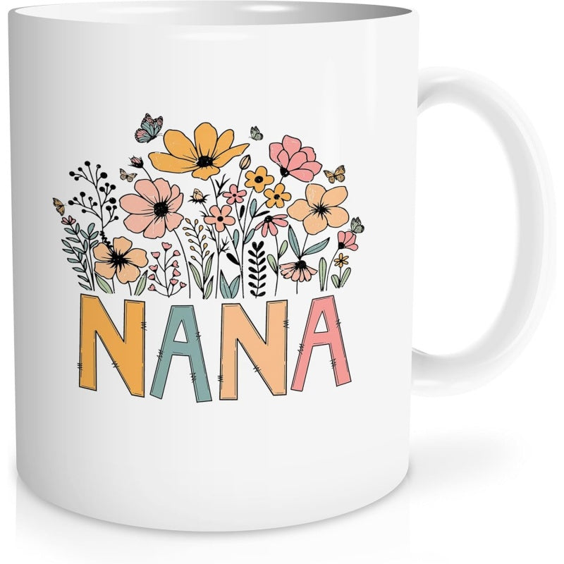 Tailorly White Ceramic 11 oz Mug - Nana Vibrant Colorful Wildflowers Growing Above Pastel Letters In A Garden Flower