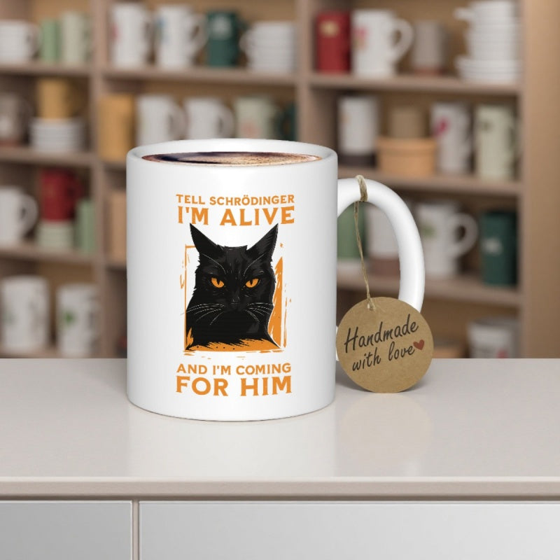 Tailorly White Ceramic 11 oz Mug - Tell Schrodinger Im Alive And Im Coming For Him Fierce Black Cat With Yellow Eyes Within A Bright Orange Frame Cat