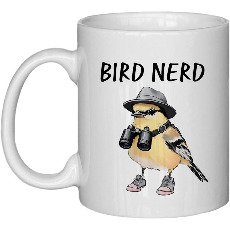Tailorly White Ceramic 11 oz Mug - Bird Nerd Whimsical Songbird Wearing A Grey Hat And Binoculars With Sneakers Bird