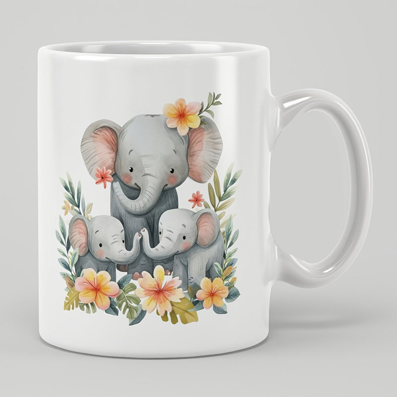 Tailorly White Ceramic 11 oz Mug - Sweet Family Of Grey Elephants Among Vibrant Watercolor Tropical Flowers Elephant
