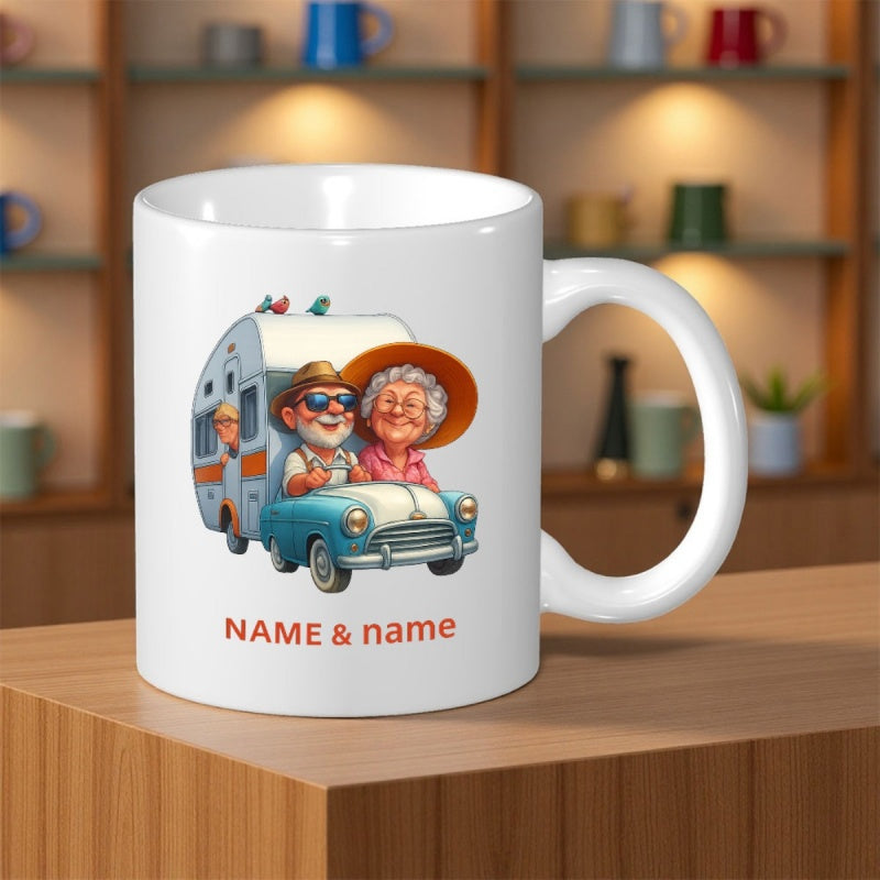 Tailorly White Ceramic 11 oz Mug - Name Name Elderly Couple Joyfully Traveling In Blue Car Towing A Vintage Caravan