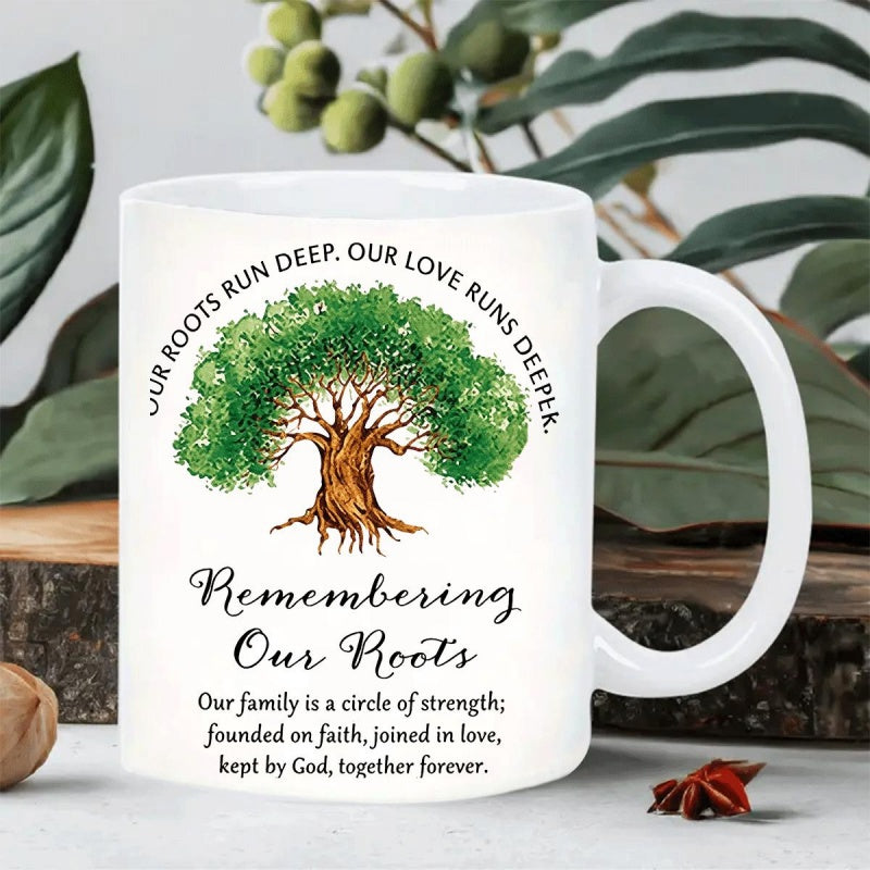 Tailorly White Ceramic 11 oz Mug - Our Roots Run Deep Our Love Runs Deeper Remembering Our Roots Majestic Watercolor Oak Tree Featuring Lush Green Foliage And