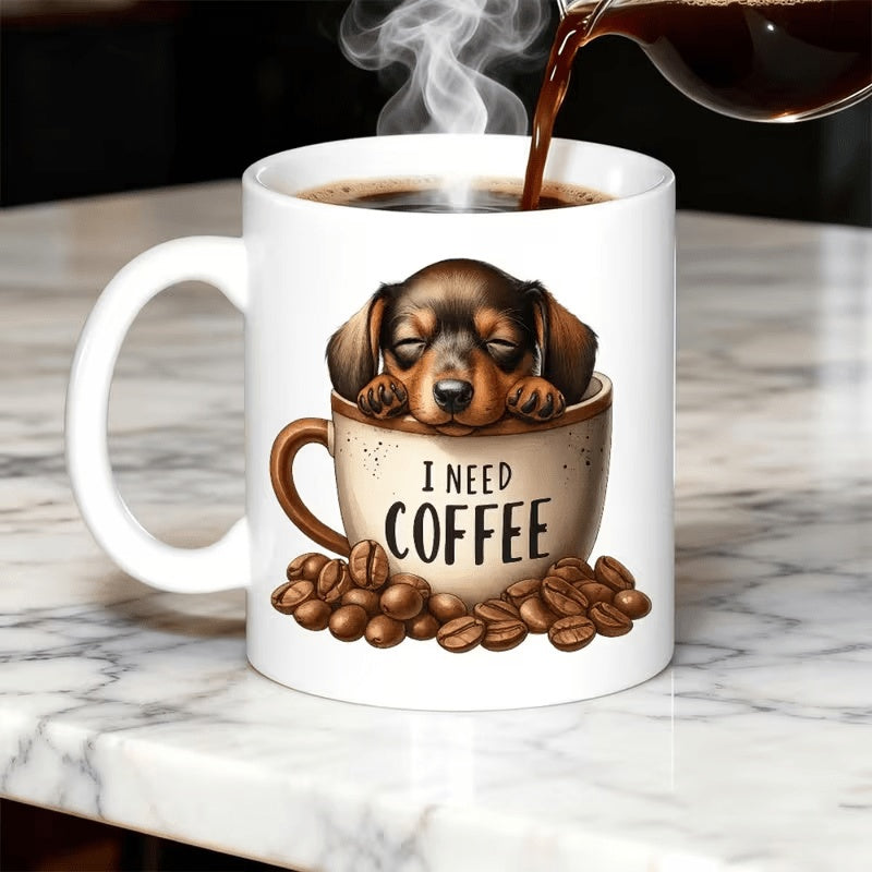 Tailorly White Ceramic 11 oz Mug - I Need Coffee Sleepy Brown Puppy Resting Inside Small Ceramic Cup Over Roasted Beans Dachshund