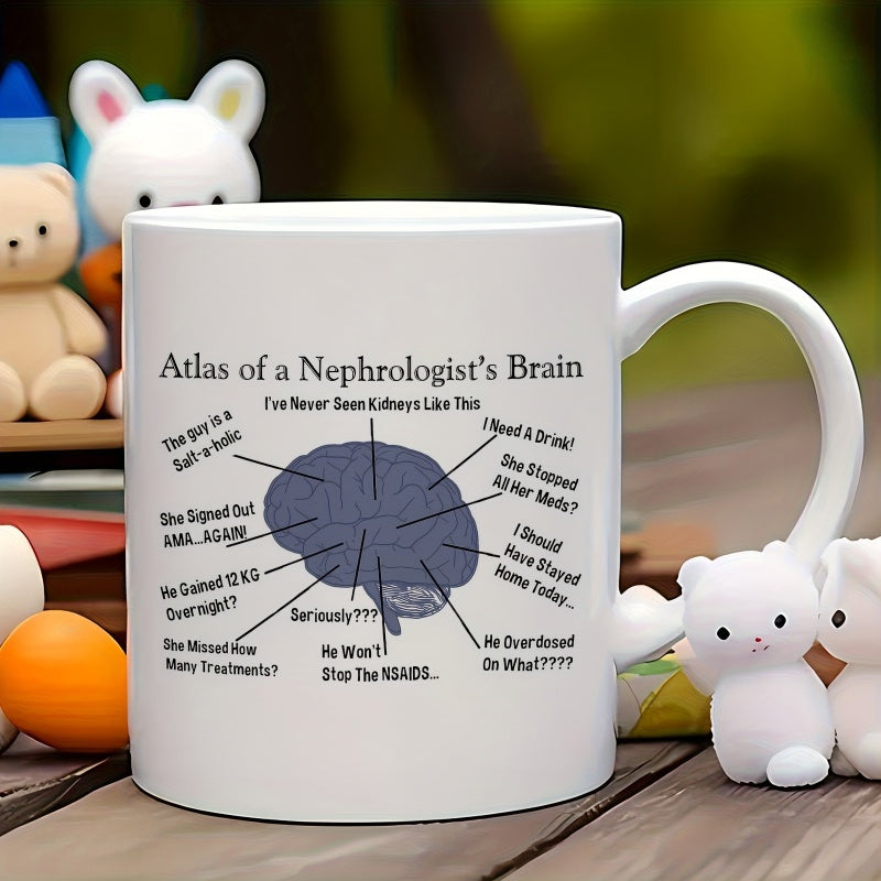 Tailorly White Ceramic 11 oz Mug - Atlas Of A Nephrologist's Brain Detailed Anatomical Outline With Various Funny Clinical Thinking Points Brain
